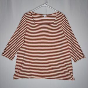 J Jill Square Neck T-Shirt Women Large Rust Cream Terry Knit Stripe 3/4 Sleeve